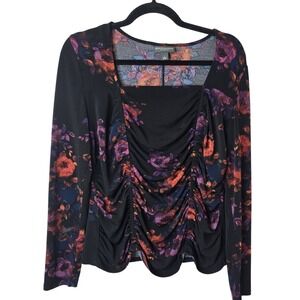 Bold Elements Cut to‎ Curve Top L Black Floral Ruched Square Neck Long Sleeve